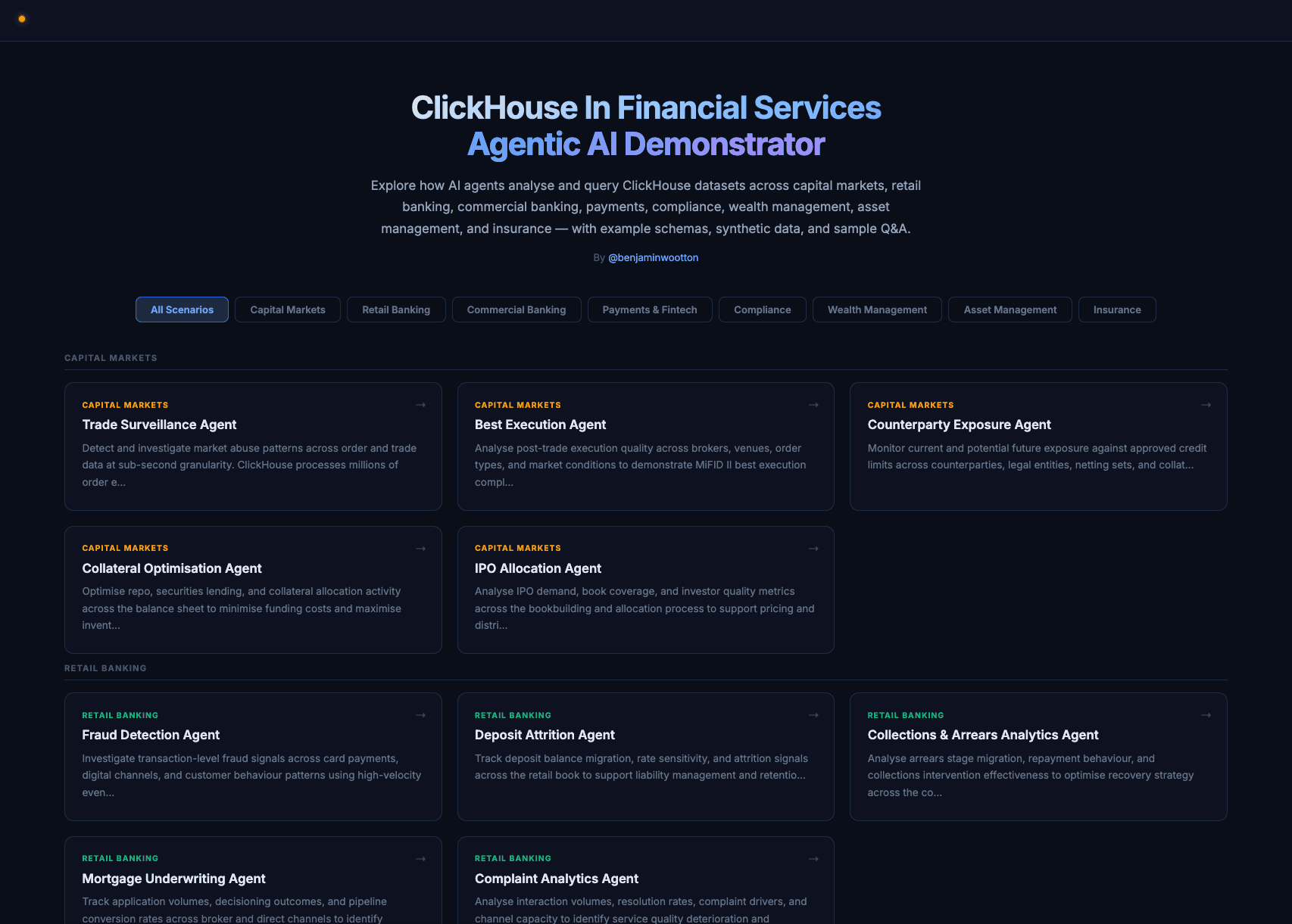 Demonstrator overview — sample agents across capital markets, retail banking, insurance, fintech and compliance.