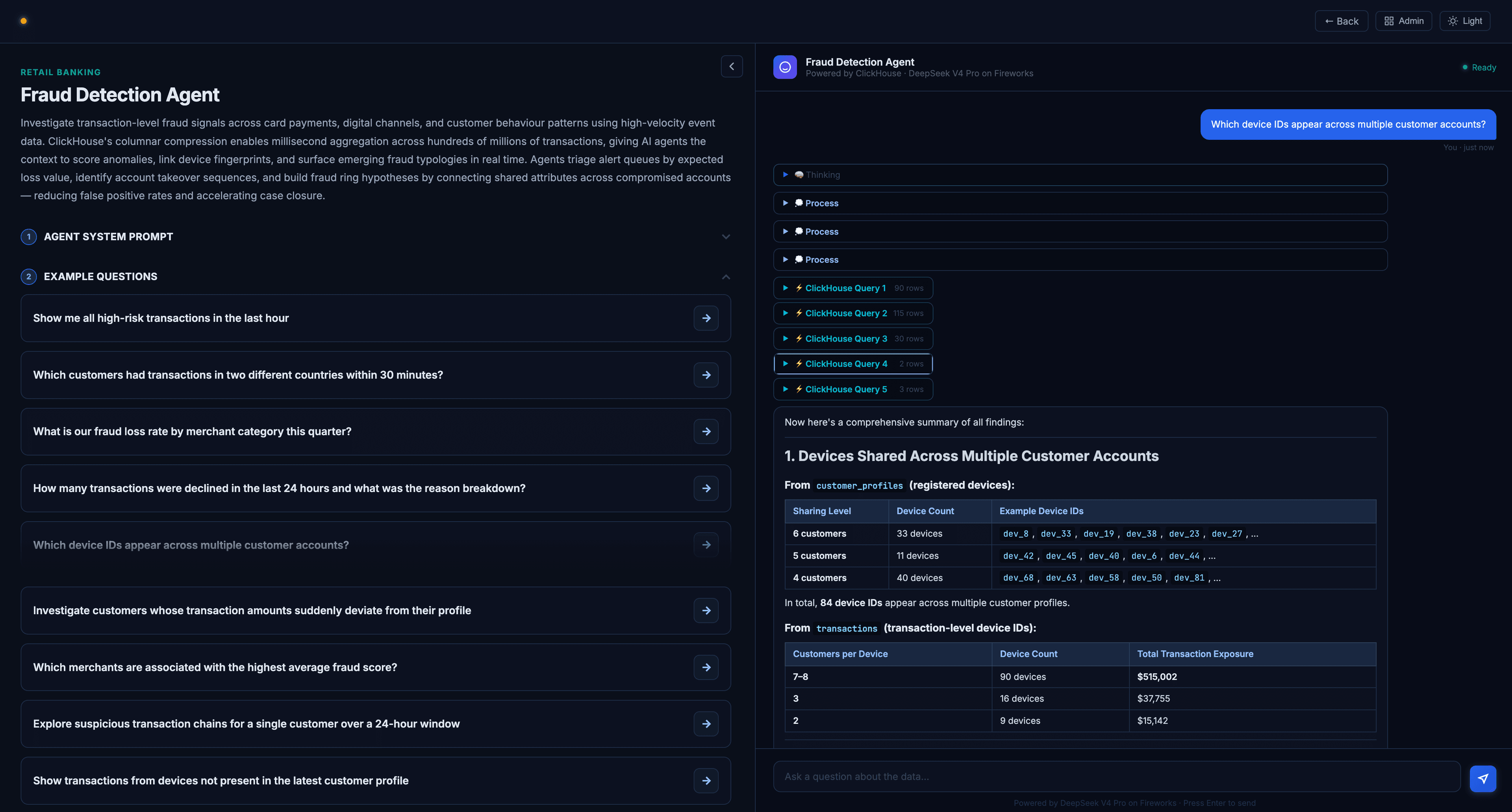 Agentic Analytics platform showing an autonomous merchant acquiring agent